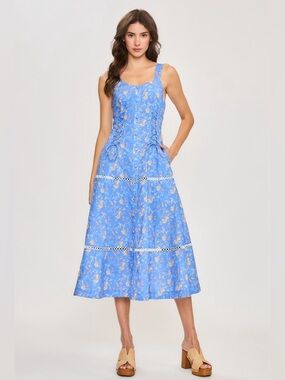 Camellia Floral Lace-Trim Blue Midi Dress with Lace-Up Bodice